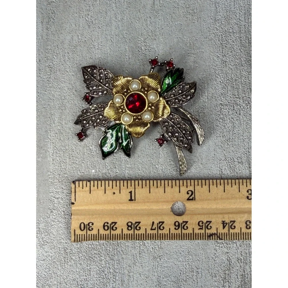 Vintage AVON Floral Brooch Earrings Set Gold Silver Tone Red Rhinestone Enamel